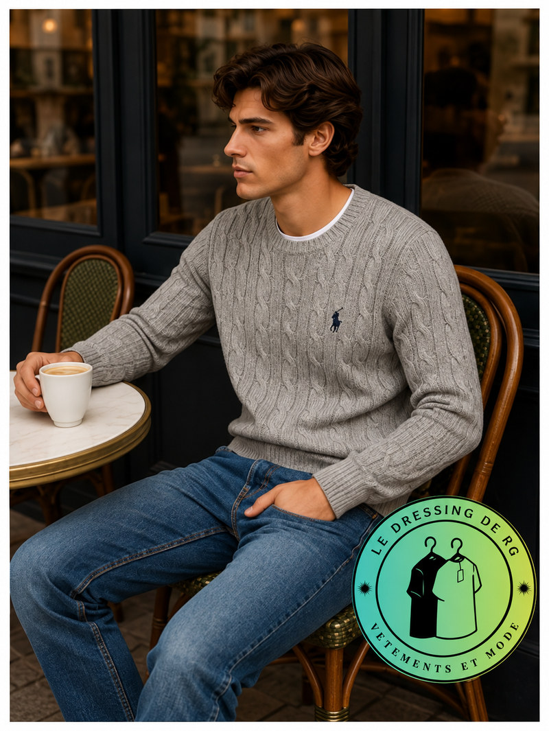 Polo Ralph Lauren   Pull pour homme en coton méché torsadé – Gris Foncé