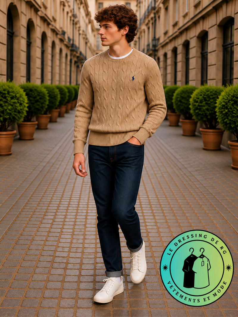 Polo Ralph Lauren   Pull pour homme en coton méché torsadé – Marron Clair