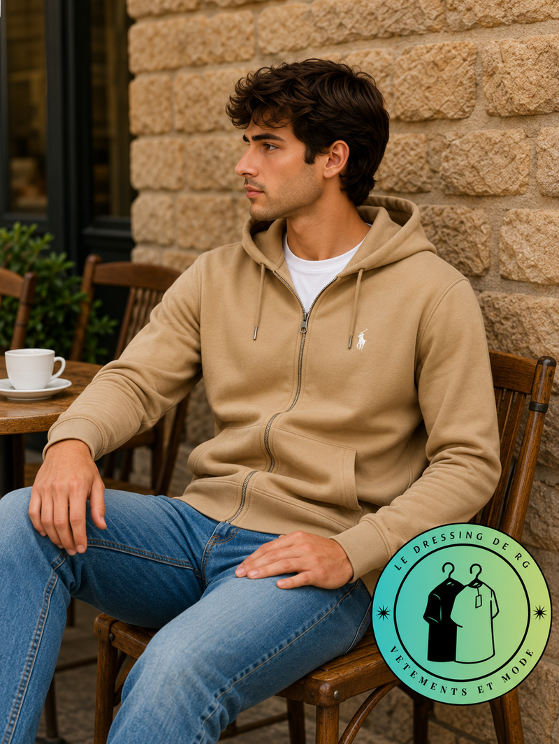 Polo Ralph Lauren  Sweat à capuche zippé en maille double Marron Clair