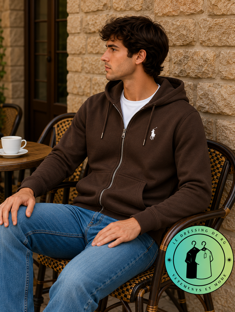 Polo Ralph Lauren Sweat à capuche zippé en maille double Marron Foncé