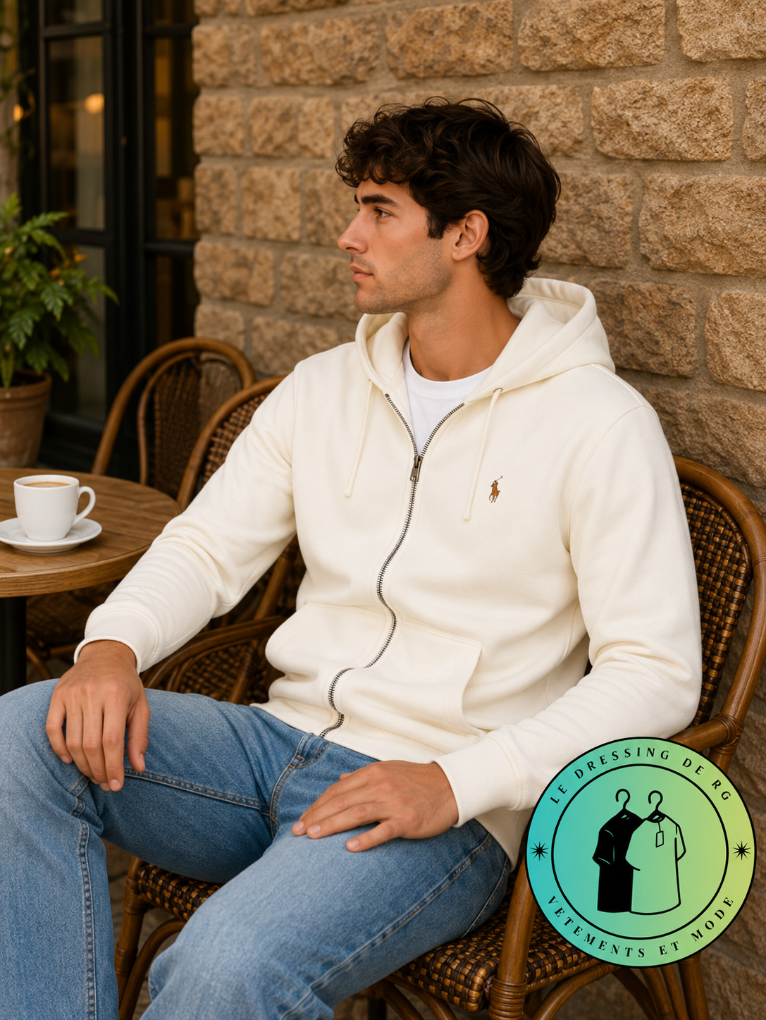 Polo Ralph Lauren   Sweat à capuche zippé en maille double Crème