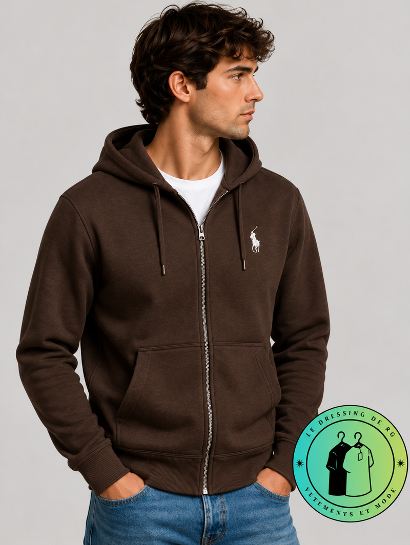 Polo Ralph Lauren Sweat à capuche zippé en maille double Marron Foncé