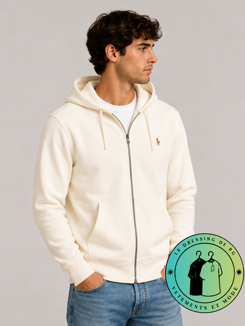 Polo Ralph Lauren   Sweat à capuche zippé en maille double Crème