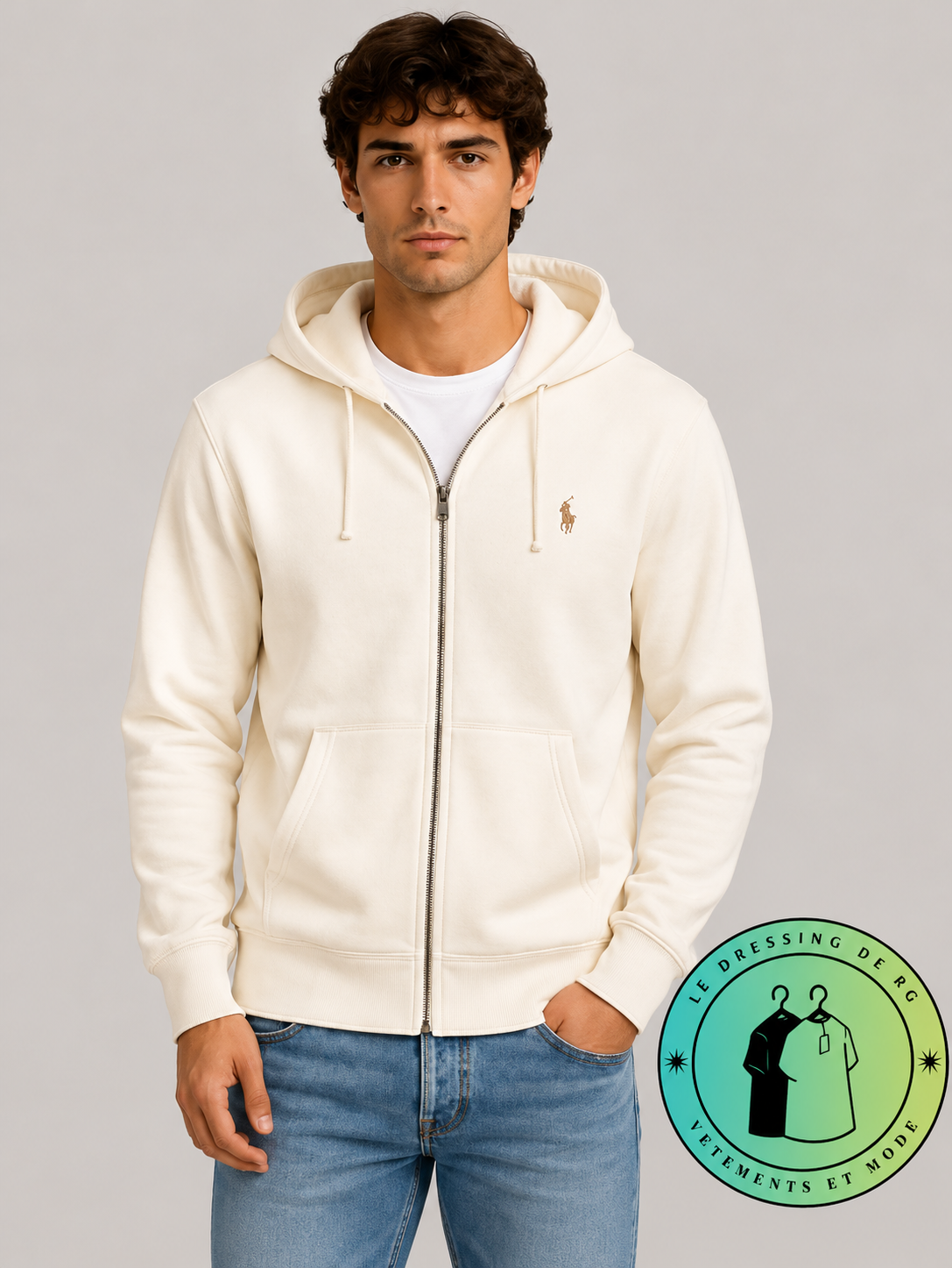 Polo Ralph Lauren   Sweat à capuche zippé en maille double Crème