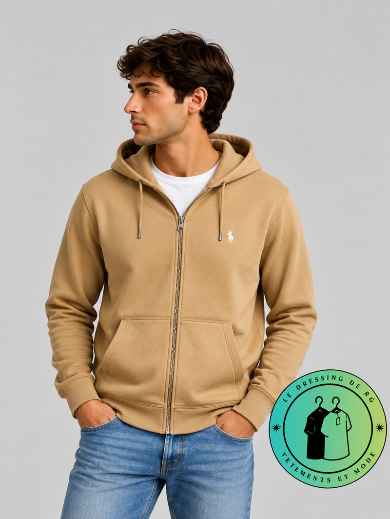 Polo Ralph Lauren  Sweat à capuche zippé en maille double Marron Clair