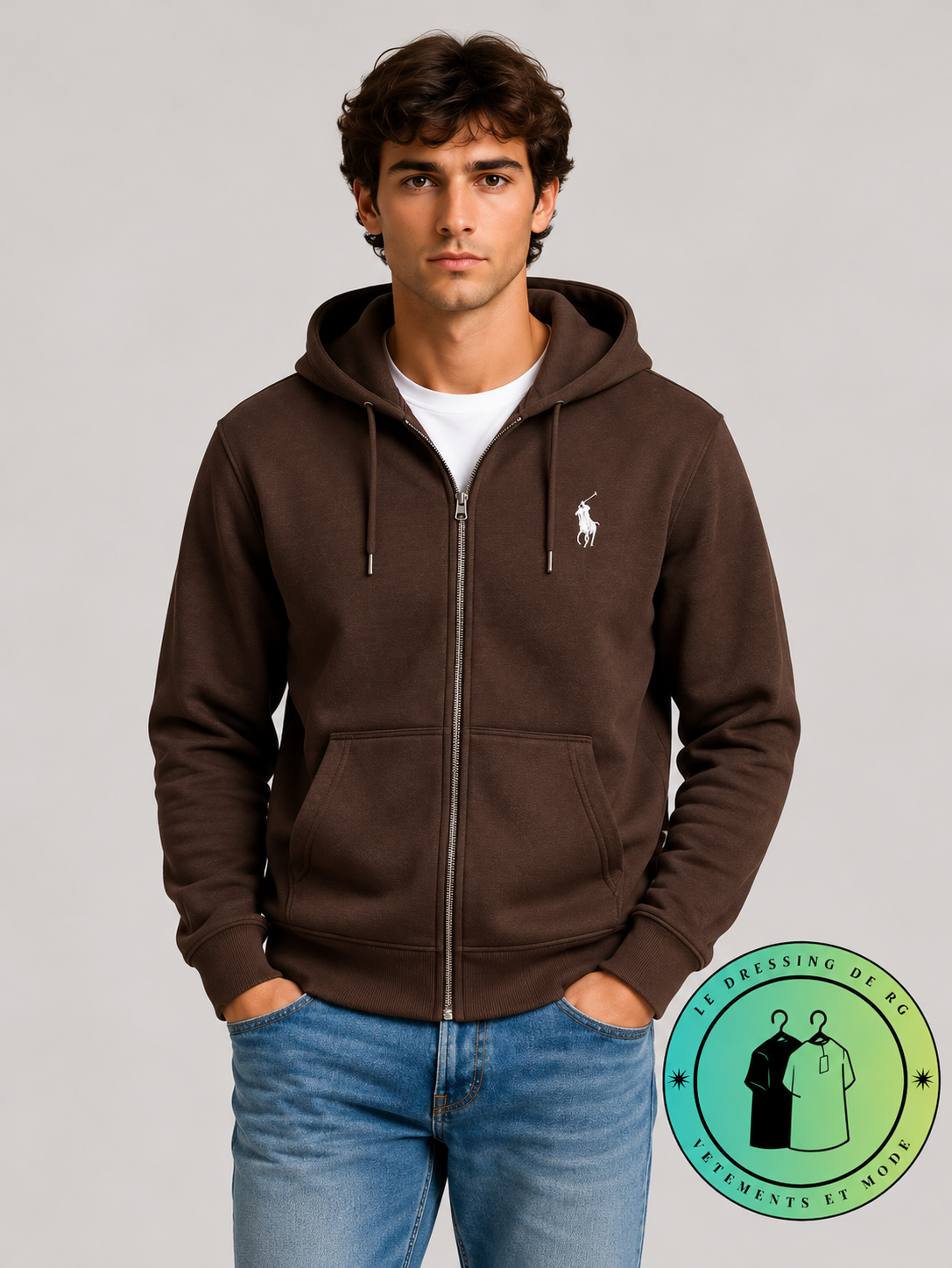 Polo Ralph Lauren Sweat à capuche zippé en maille double Marron Foncé