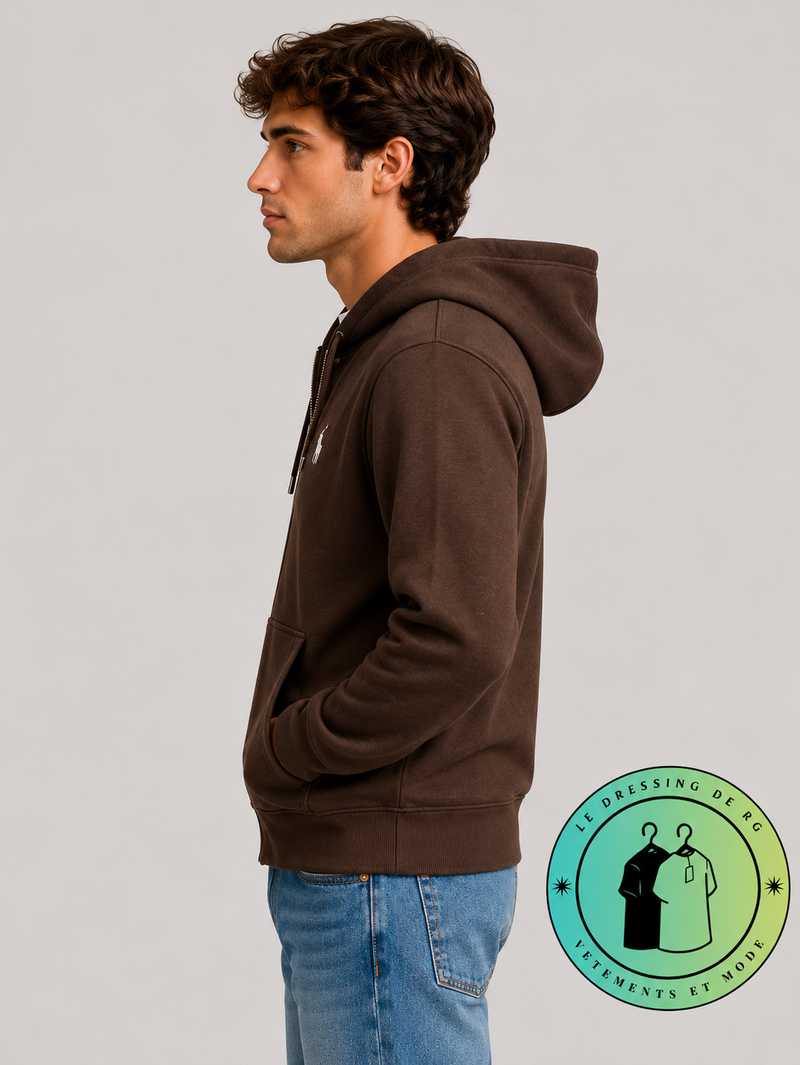 Polo Ralph Lauren Sweat à capuche zippé en maille double Marron Foncé