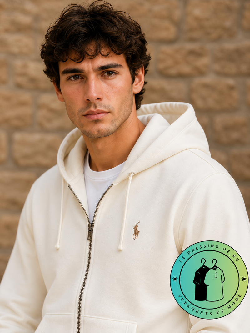 Polo Ralph Lauren   Sweat à capuche zippé en maille double Crème