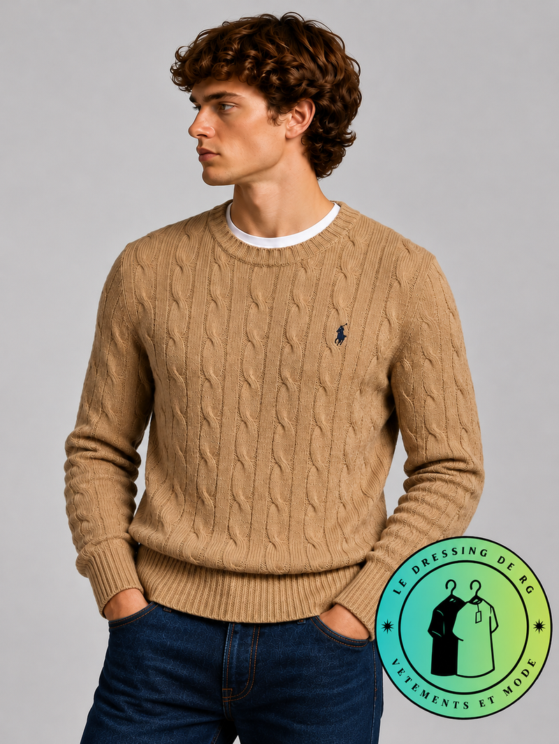 Polo Ralph Lauren   Pull pour homme en coton méché torsadé – Marron Clair