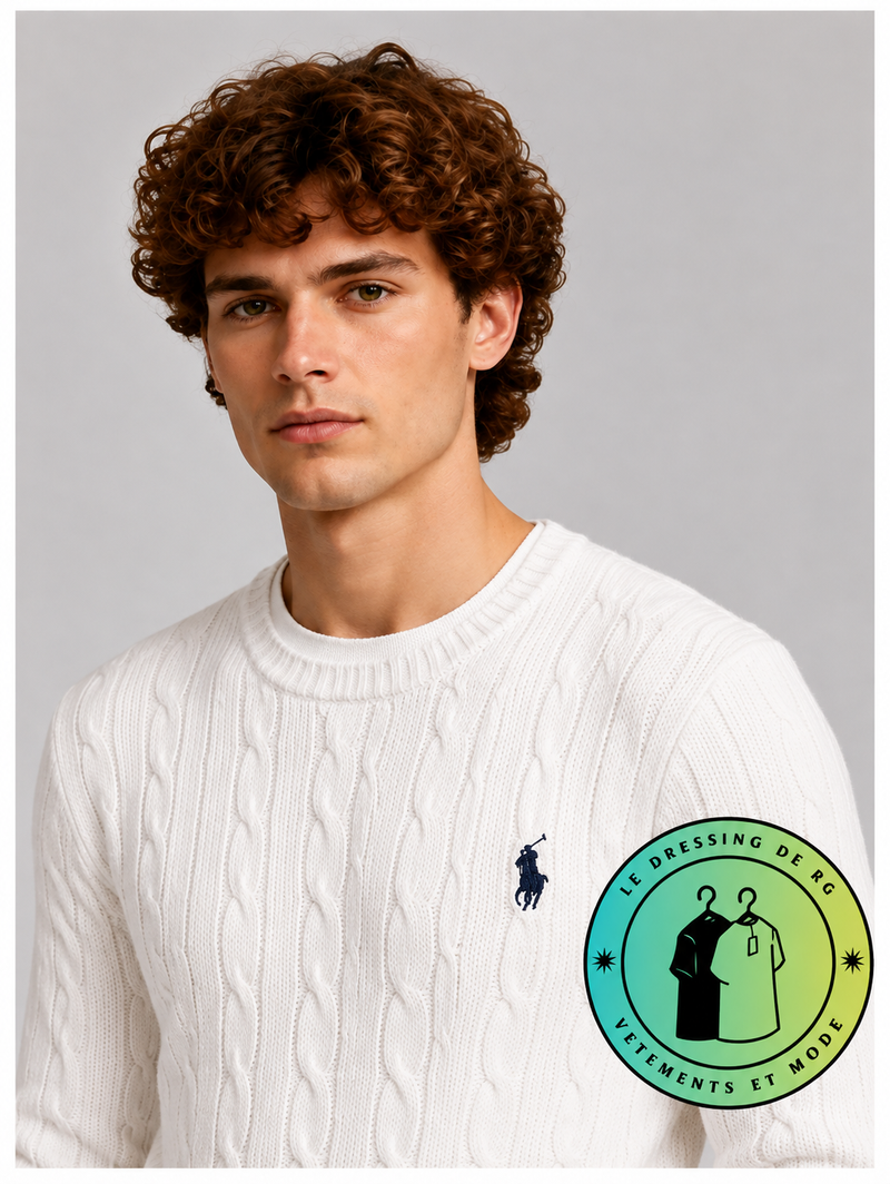 Polo Ralph Lauren   Pull pour homme en coton méché torsadé – Blanc