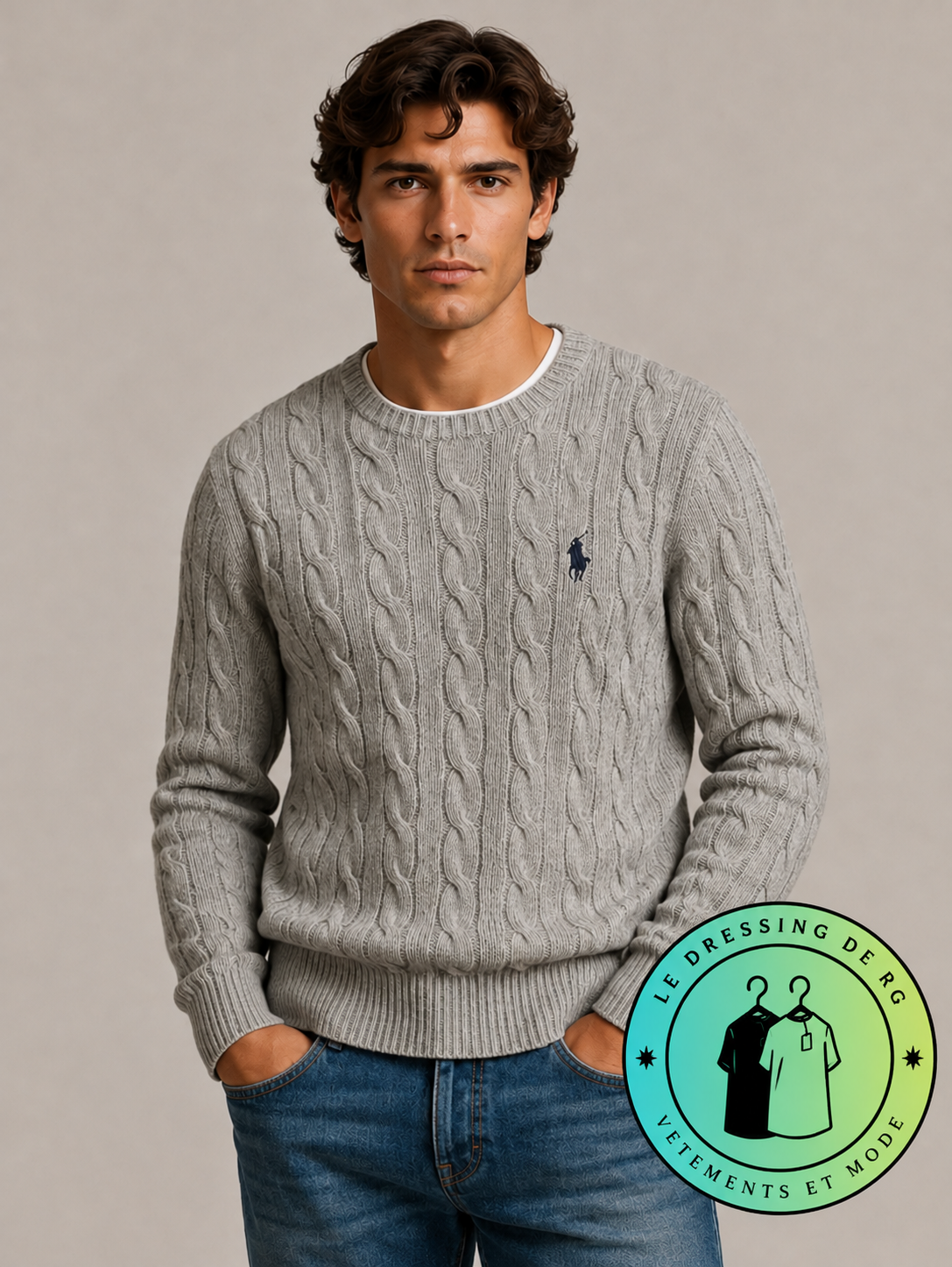 Polo Ralph Lauren   Pull pour homme en coton méché torsadé – Gris Foncé