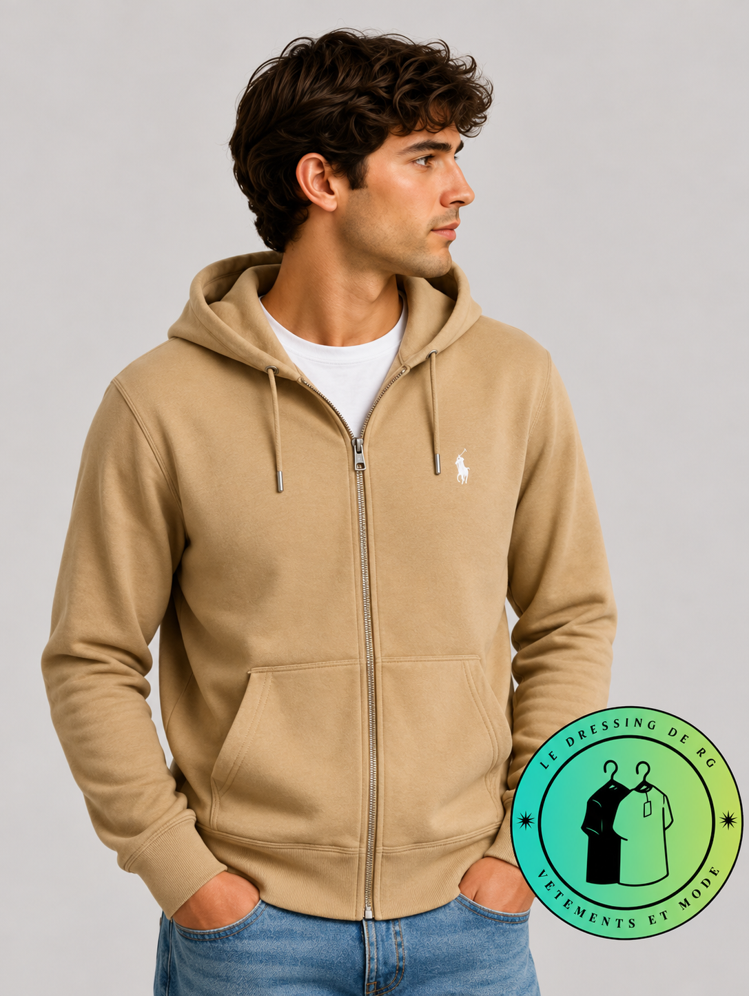 Polo Ralph Lauren  Sweat à capuche zippé en maille double Marron Clair