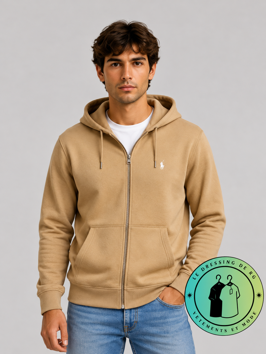 Polo Ralph Lauren  Sweat à capuche zippé en maille double Marron Clair