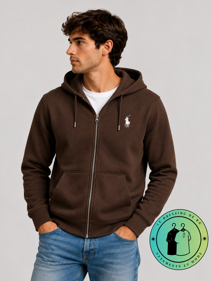 Polo Ralph Lauren Sweat à capuche zippé en maille double Marron Foncé