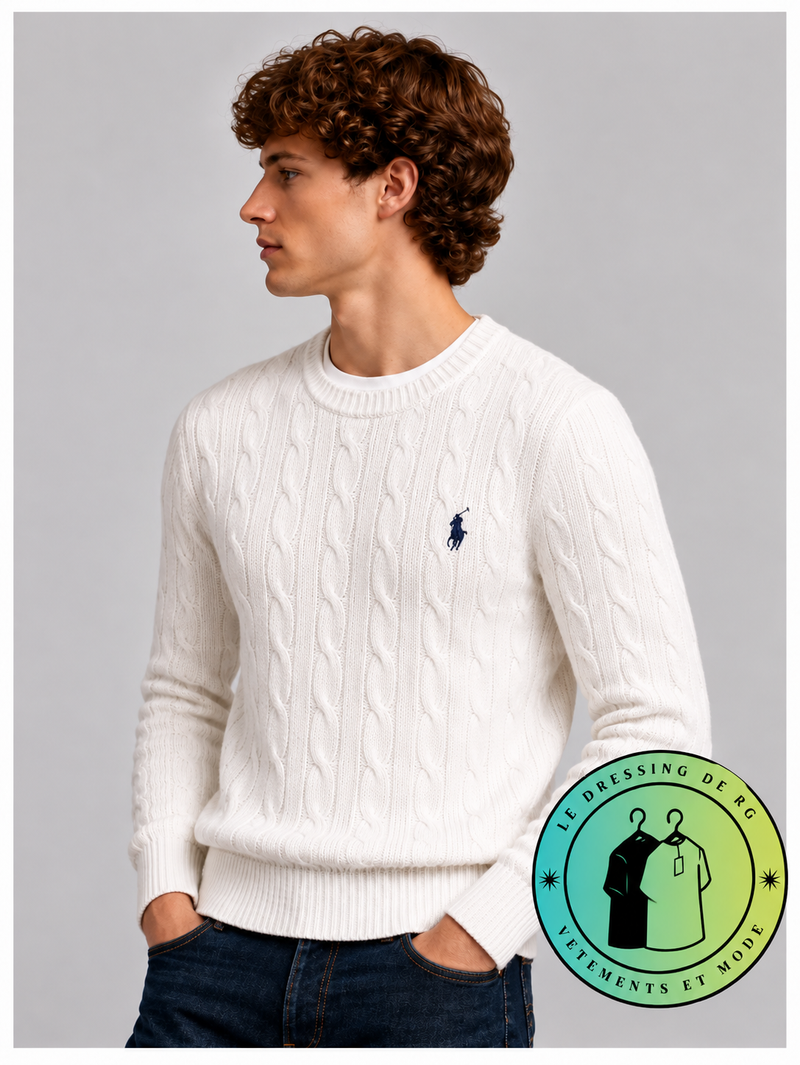Polo Ralph Lauren   Pull pour homme en coton méché torsadé – Blanc