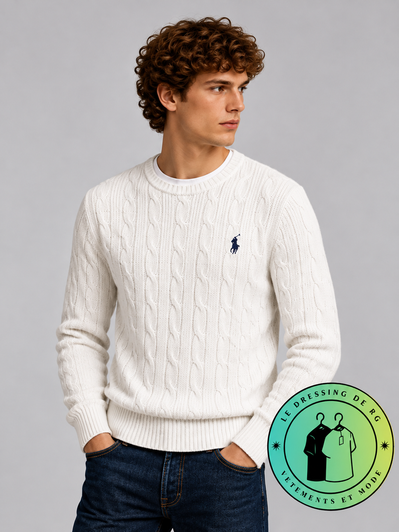 Polo Ralph Lauren   Pull pour homme en coton méché torsadé – Blanc