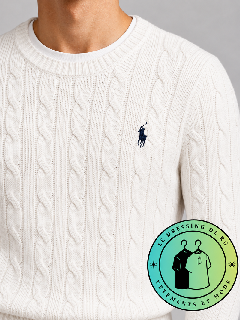Polo Ralph Lauren   Pull pour homme en coton méché torsadé – Blanc