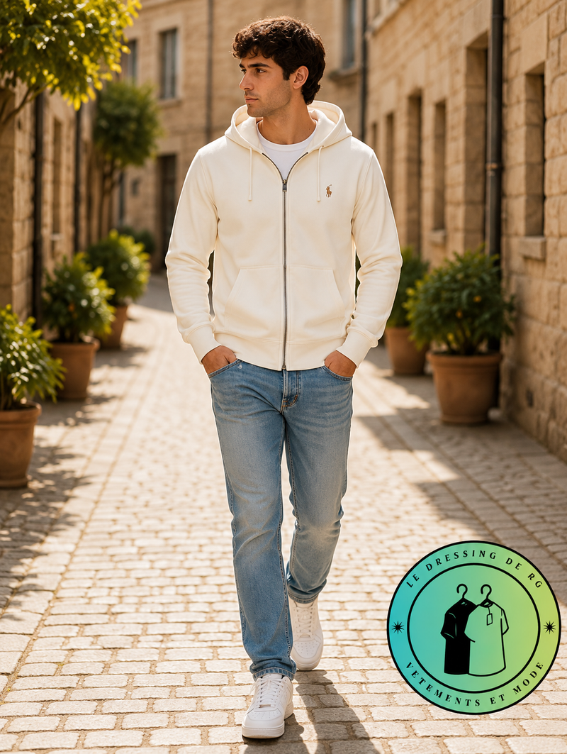 Polo Ralph Lauren   Sweat à capuche zippé en maille double Crème