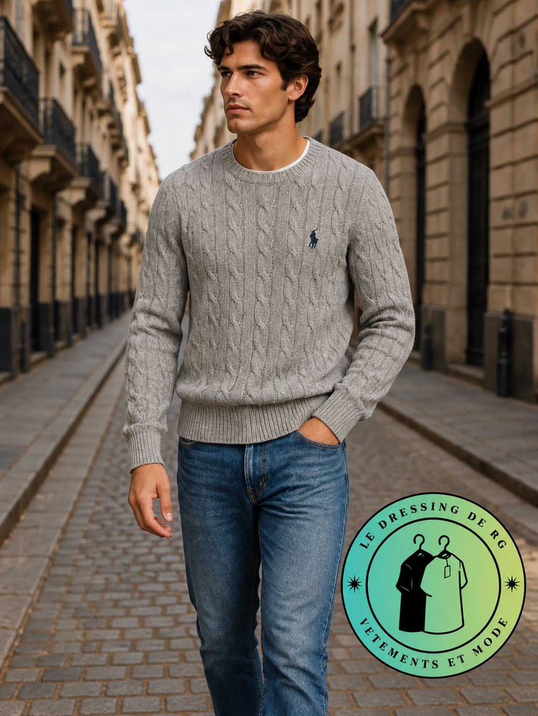Polo Ralph Lauren   Pull pour homme en coton méché torsadé – Gris Foncé